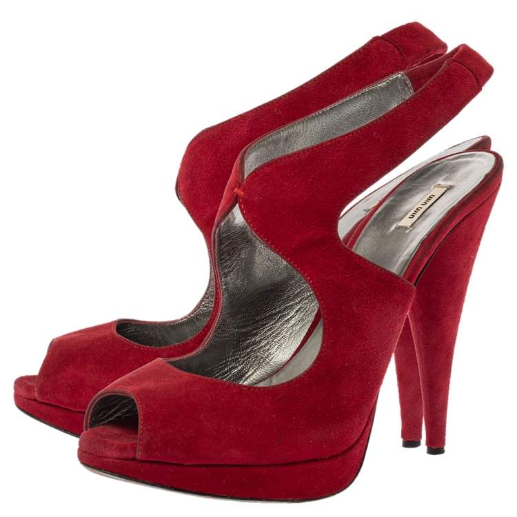 Pre Owned Miu Miu Maroon Suede Peep Toe Slingback Platform Sandals Size 38