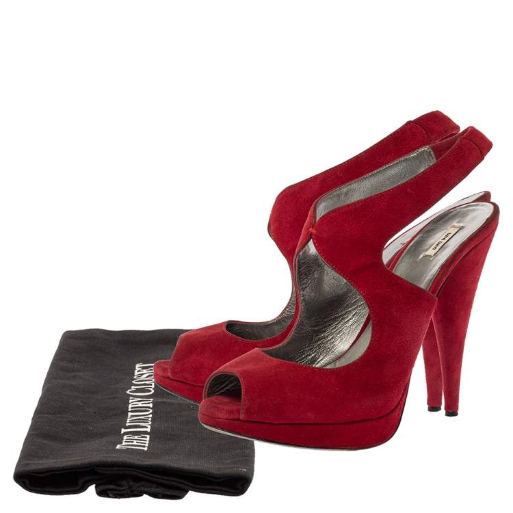 Pre Owned Miu Miu Maroon Suede Peep Toe Slingback Platform Sandals Size 38