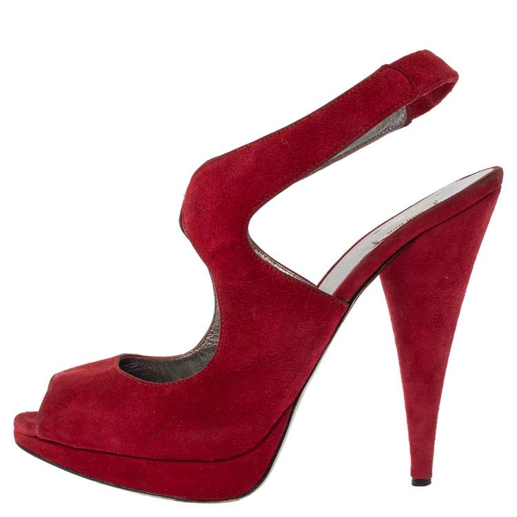 Pre Owned Miu Miu Maroon Suede Peep Toe Slingback Platform Sandals Size 38