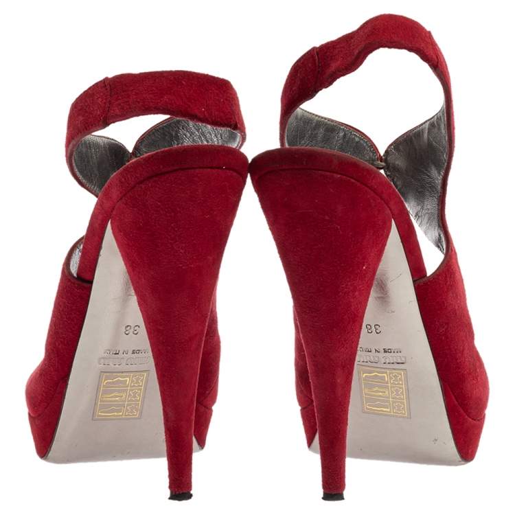 Pre Owned Miu Miu Maroon Suede Peep Toe Slingback Platform Sandals Size 38
