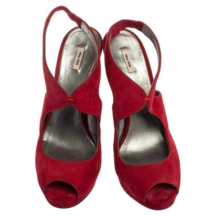 Pre Owned Miu Miu Maroon Suede Peep Toe Slingback Platform Sandals Size 38