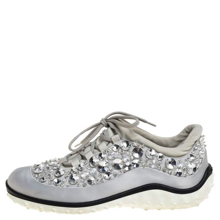 Pre Owned Miu Miu Grey Embellished Satin and Mesh Astro Sneakers Size 39