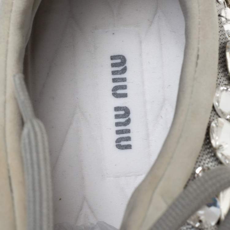 Pre Owned Miu Miu Grey Embellished Satin and Mesh Astro Sneakers Size 39