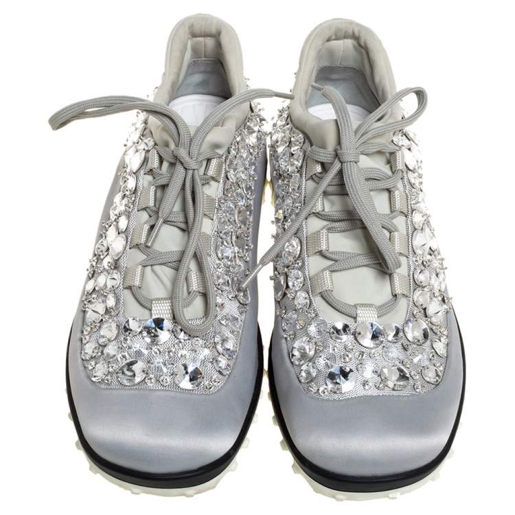 Pre Owned Miu Miu Grey Embellished Satin and Mesh Astro Sneakers Size 39