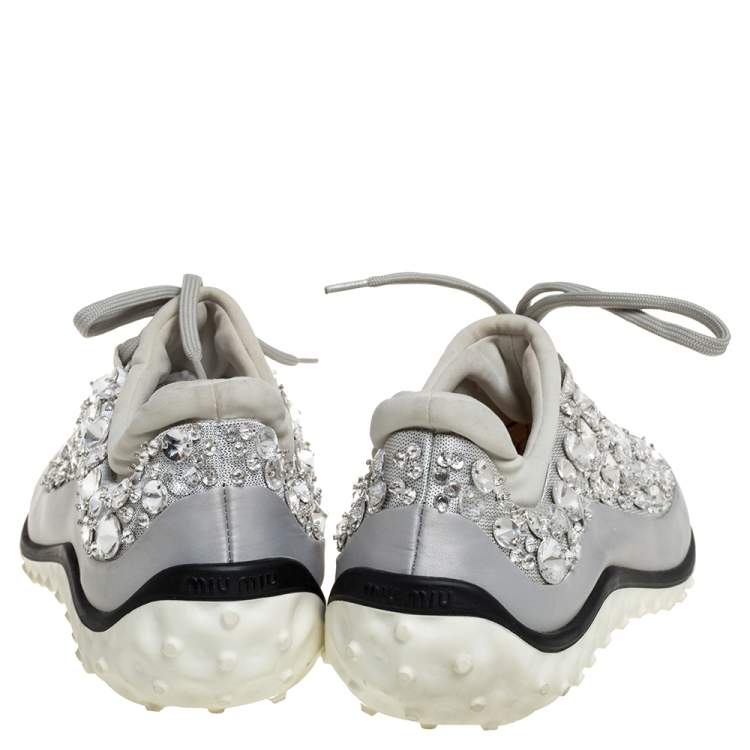 Pre Owned Miu Miu Grey Embellished Satin and Mesh Astro Sneakers Size 39
