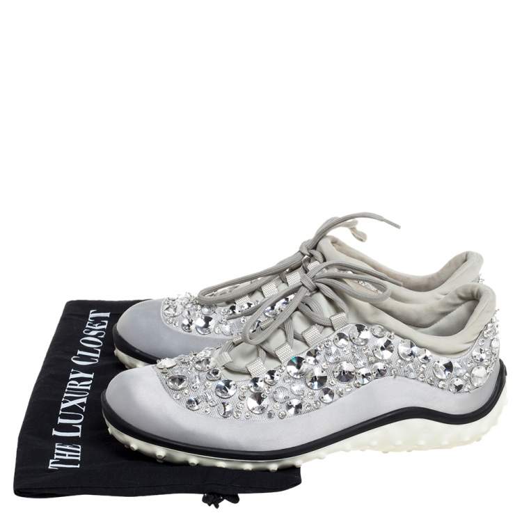 Pre Owned Miu Miu Grey Embellished Satin and Mesh Astro Sneakers Size 39