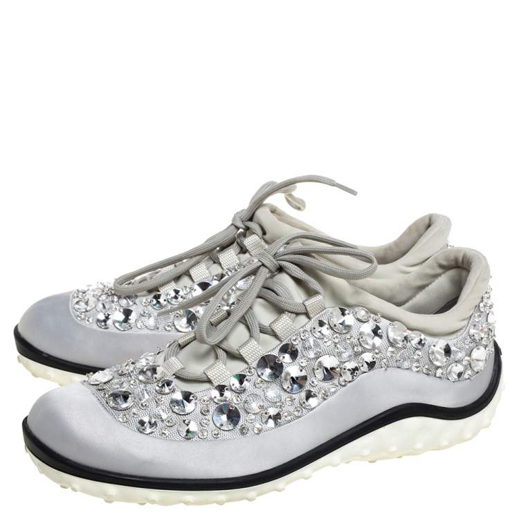 Pre Owned Miu Miu Grey Embellished Satin and Mesh Astro Sneakers Size 39