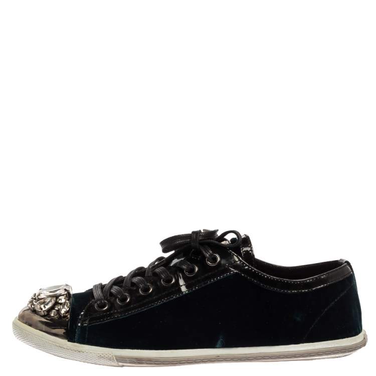 Pre Owned Miu Miu Midnight Blue Suede Studded Cap Toe Sneakers Size 39.5