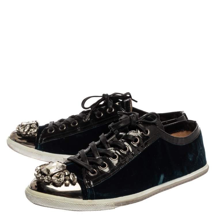 Pre Owned Miu Miu Midnight Blue Suede Studded Cap Toe Sneakers Size 39.5