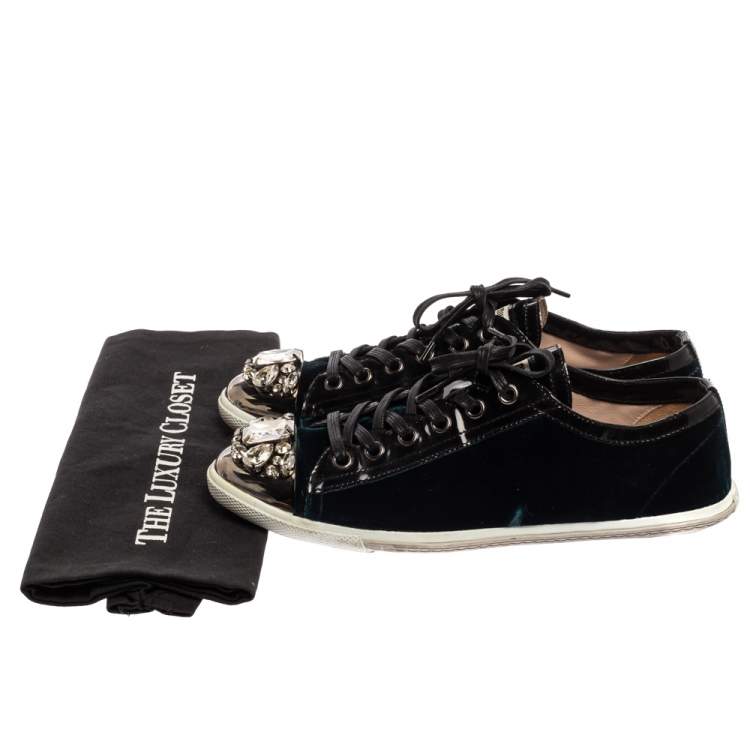 Pre Owned Miu Miu Midnight Blue Suede Studded Cap Toe Sneakers Size 39.5