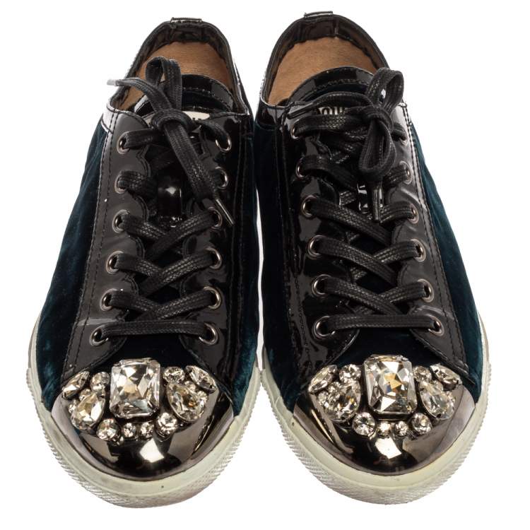 Pre Owned Miu Miu Midnight Blue Suede Studded Cap Toe Sneakers Size 39.5