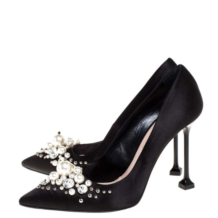 Pre Owned Miu Miu Black Satin Crystal and Pearl Embellished Pointed Toe Pumps Size 38