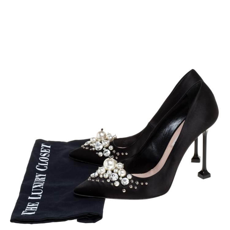 Pre Owned Miu Miu Black Satin Crystal and Pearl Embellished Pointed Toe Pumps Size 38