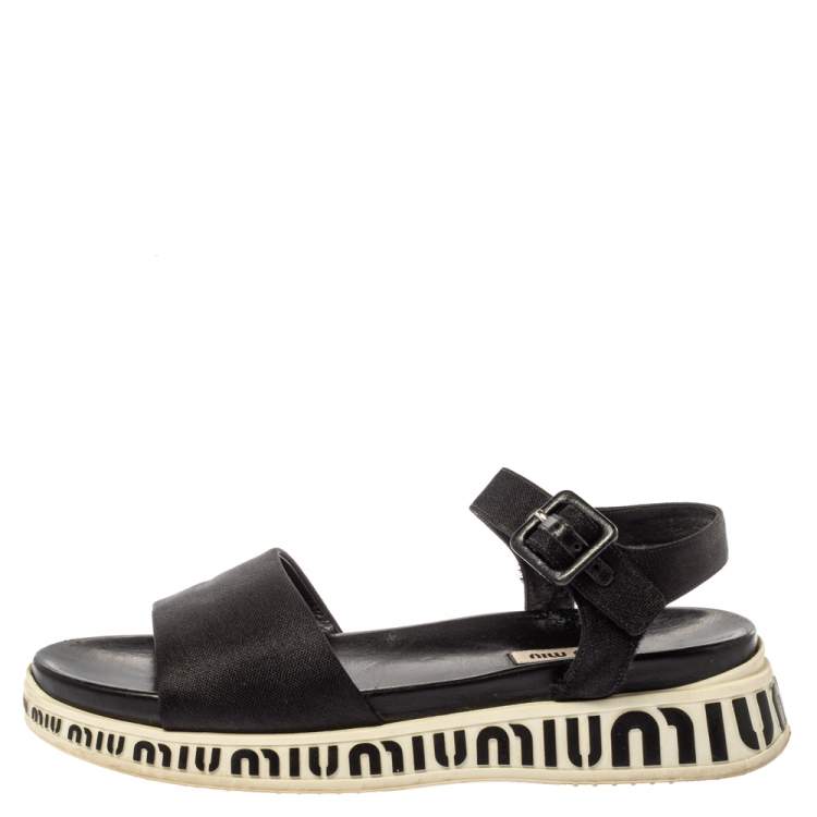 Pre Owned Miu Miu Black Canvas Platform Ankle Strap Sandals Size 39