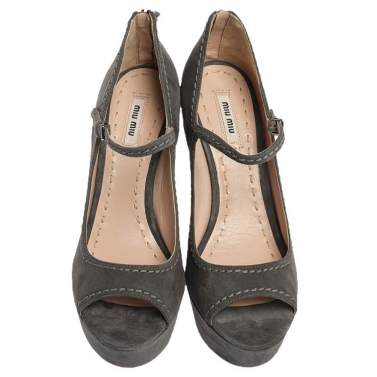Pre Owned Miu Miu Grey Suede Mary Jane Peep New Wedges Size 40.5