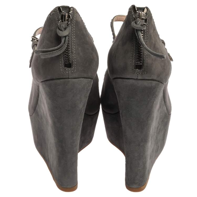 Pre Owned Miu Miu Grey Suede Mary Jane Peep New Wedges Size 40.5
