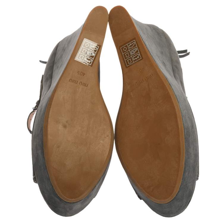 Pre Owned Miu Miu Grey Suede Mary Jane Peep New Wedges Size 40.5
