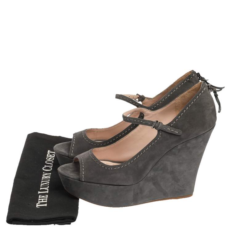 Pre Owned Miu Miu Grey Suede Mary Jane Peep New Wedges Size 40.5