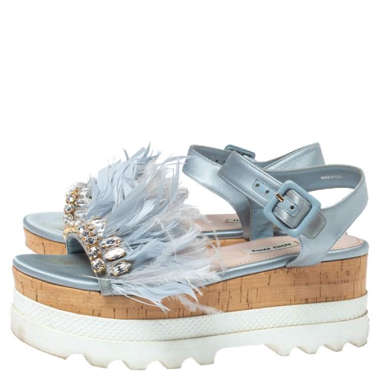 Pre Owned  Miu Miu Blue Satin Feather/Crystal Embellished Platform Sandals Size 38