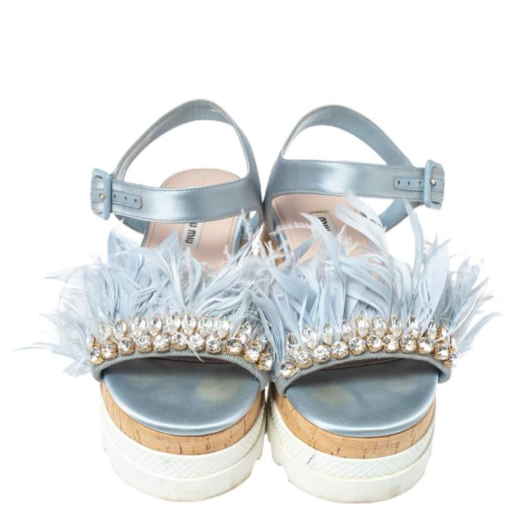 Pre Owned  Miu Miu Blue Satin Feather/Crystal Embellished Platform Sandals Size 38