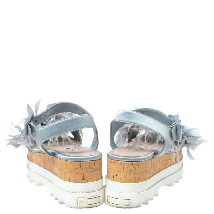 Pre Owned  Miu Miu Blue Satin Feather/Crystal Embellished Platform Sandals Size 38