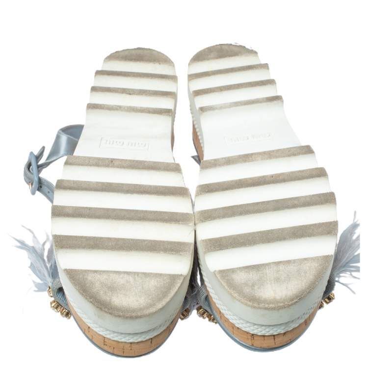 Pre Owned  Miu Miu Blue Satin Feather/Crystal Embellished Platform Sandals Size 38