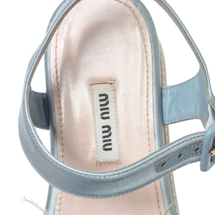Pre Owned  Miu Miu Blue Satin Feather/Crystal Embellished Platform Sandals Size 38