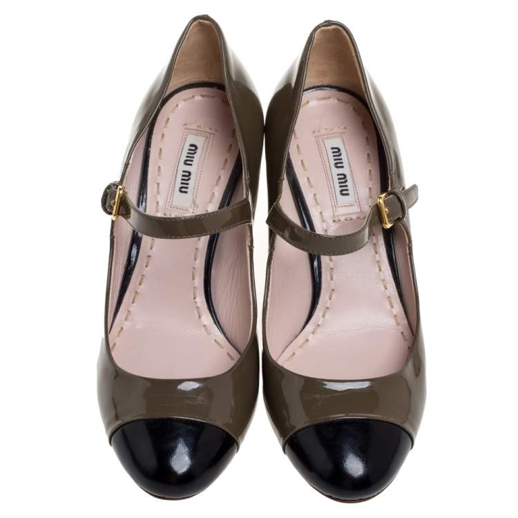 Pre Owned Miu Miu Green/Black Patent Leather Cap Toe Pumps Size 36
