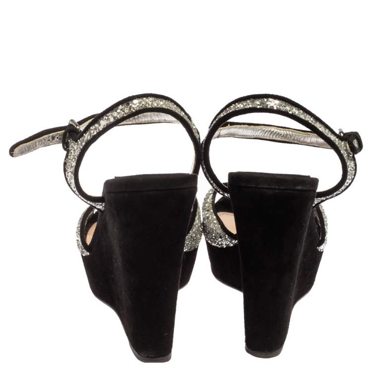 Pre Owned Miu Miu Black/Silver Coarse Glitter And Suede Open Toe Ankle Strap Wedge Sandals Size 37