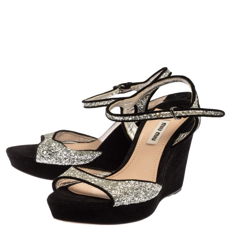 Pre Owned Miu Miu Black/Silver Coarse Glitter And Suede Open Toe Ankle Strap Wedge Sandals Size 37