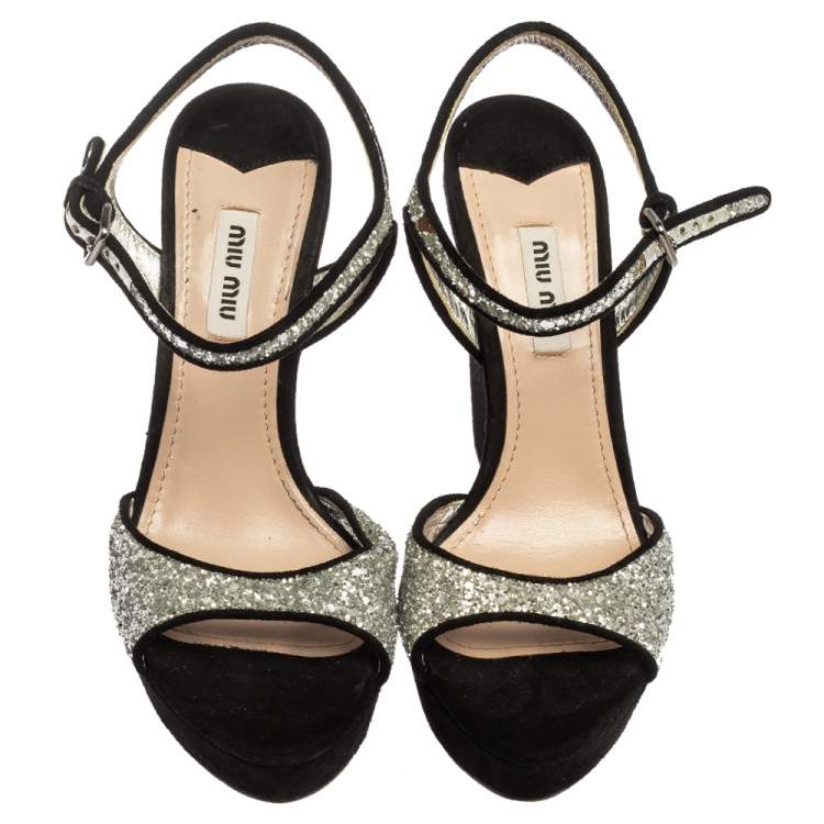 Pre Owned Miu Miu Black/Silver Coarse Glitter And Suede Open Toe Ankle Strap Wedge Sandals Size 37