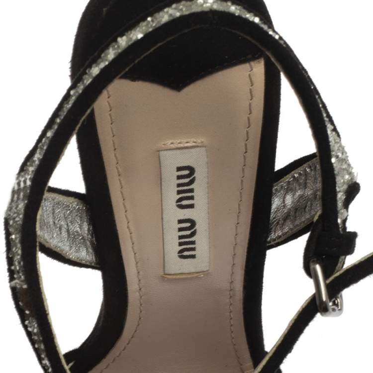 Pre Owned Miu Miu Black/Silver Coarse Glitter And Suede Open Toe Ankle Strap Wedge Sandals Size 37