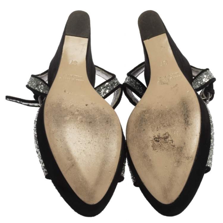 Pre Owned Miu Miu Black/Silver Coarse Glitter And Suede Open Toe Ankle Strap Wedge Sandals Size 37
