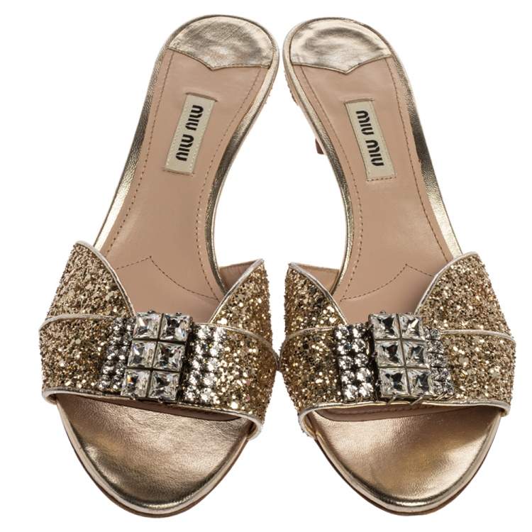 مملوكة مسبقًا Miu Miu Coarse Glitter Crystal Embellished Mules Sandals Size 39.5