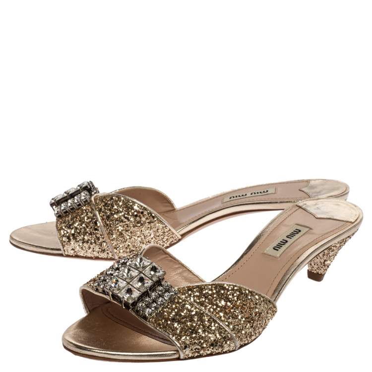 مملوكة مسبقًا Miu Miu Coarse Glitter Crystal Embellished Mules Sandals Size 39.5