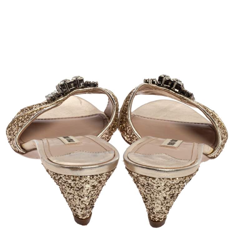 مملوكة مسبقًا Miu Miu Coarse Glitter Crystal Embellished Mules Sandals Size 39.5