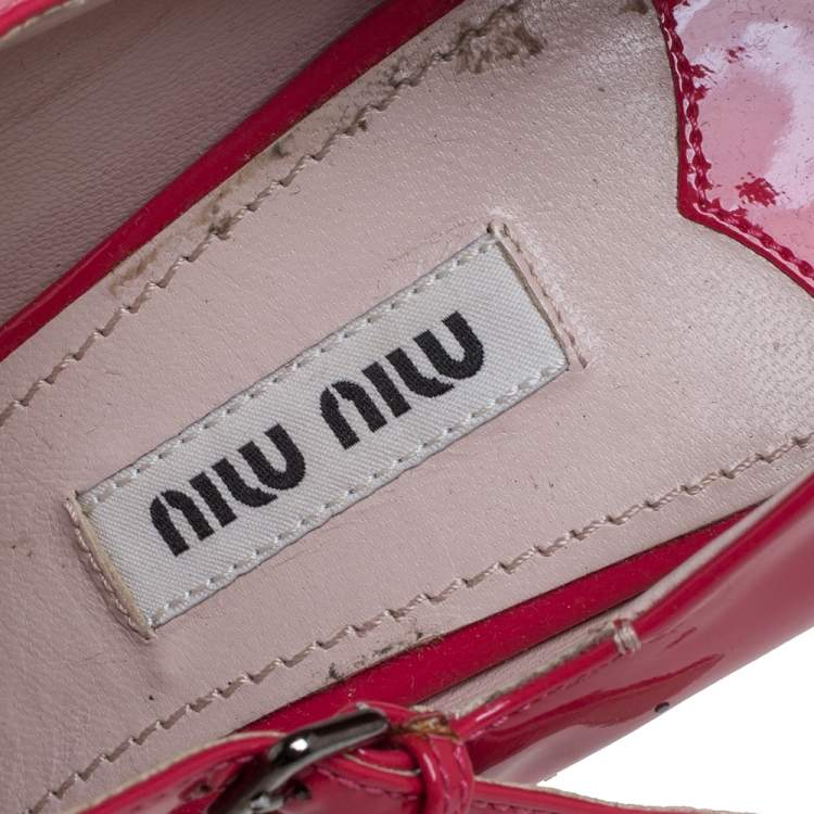 Pre Owned Miu Miu Pink/Silver Patent Leather and Glitter Heel Strap Pumps Size 38.5