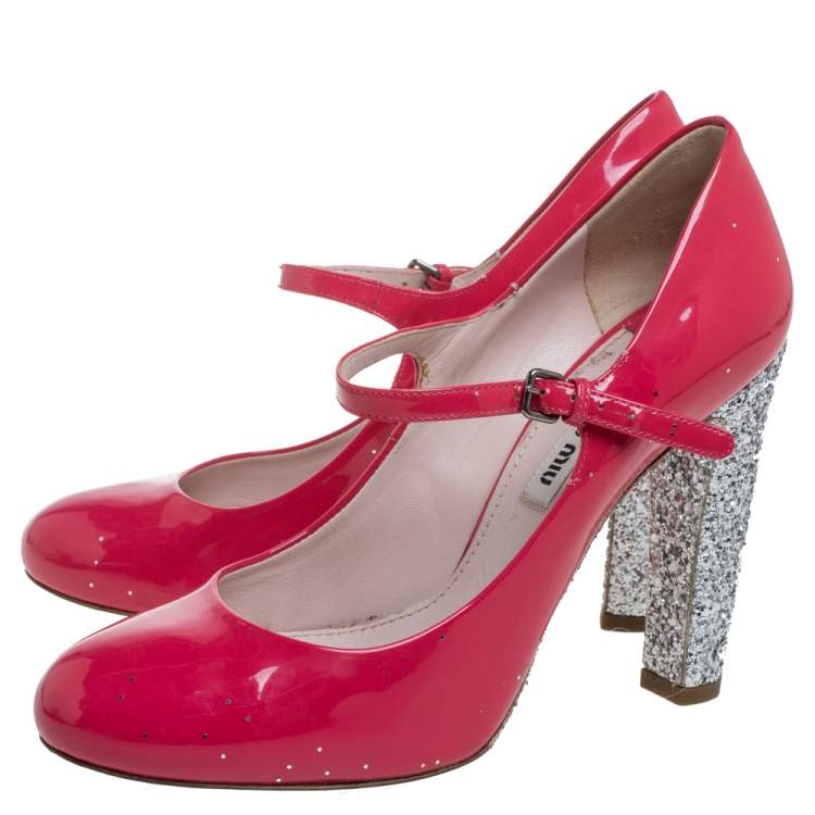Pre Owned Miu Miu Pink/Silver Patent Leather and Glitter Heel Strap Pumps Size 38.5