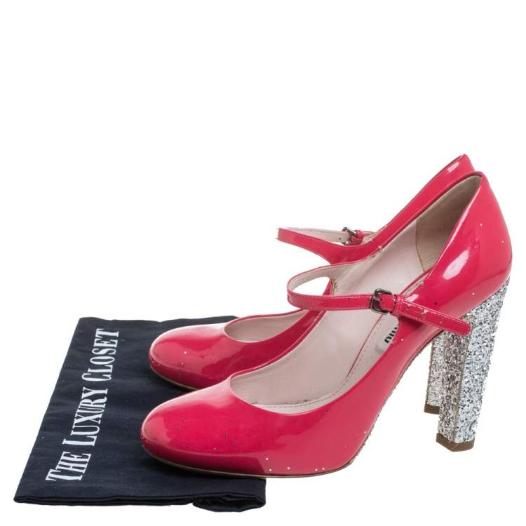 Pre Owned Miu Miu Pink/Silver Patent Leather and Glitter Heel Strap Pumps Size 38.5