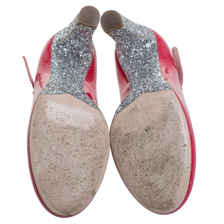 Pre Owned Miu Miu Pink/Silver Patent Leather and Glitter Heel Strap Pumps Size 38.5