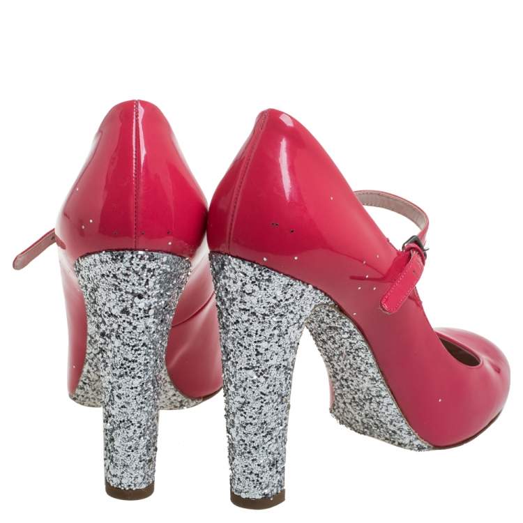 Pre Owned Miu Miu Pink/Silver Patent Leather and Glitter Heel Strap Pumps Size 38.5