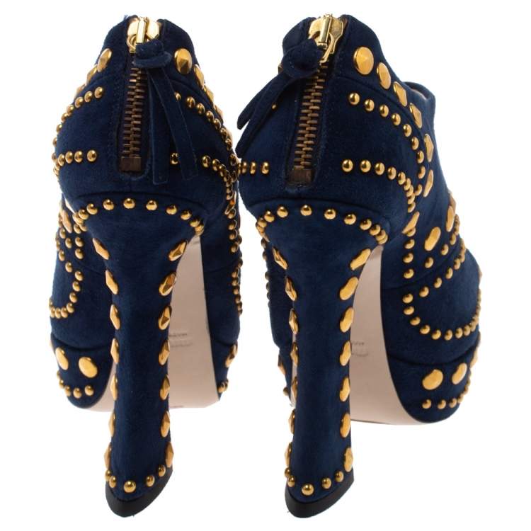 Pre Owned Miu Miu Blue Suede Studded Peep Toe Booties Size 36
