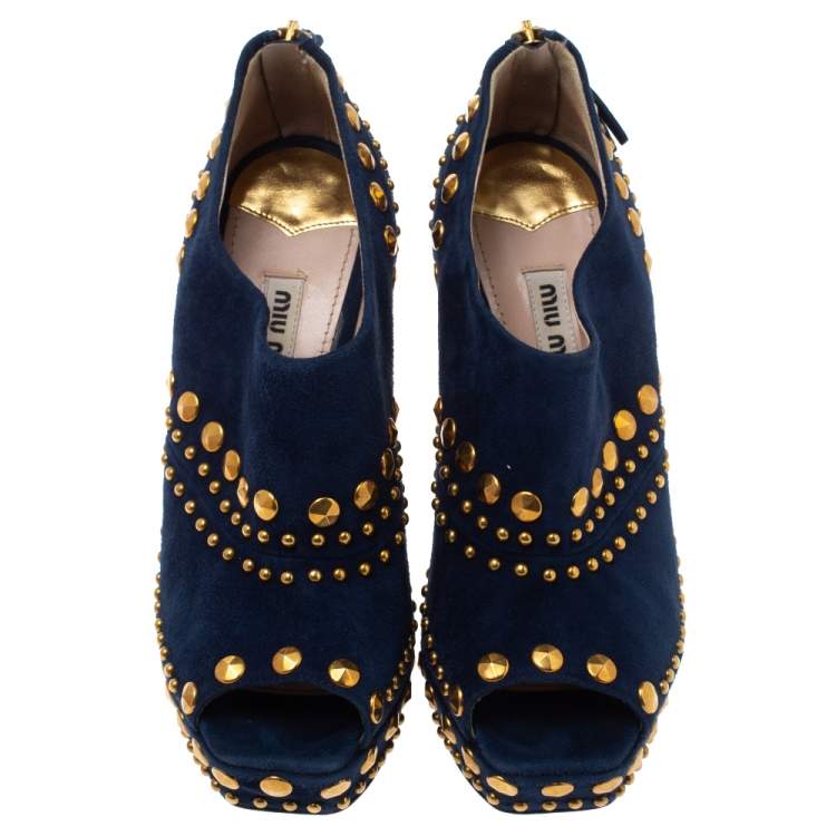 Pre Owned Miu Miu Blue Suede Studded Peep Toe Booties Size 36