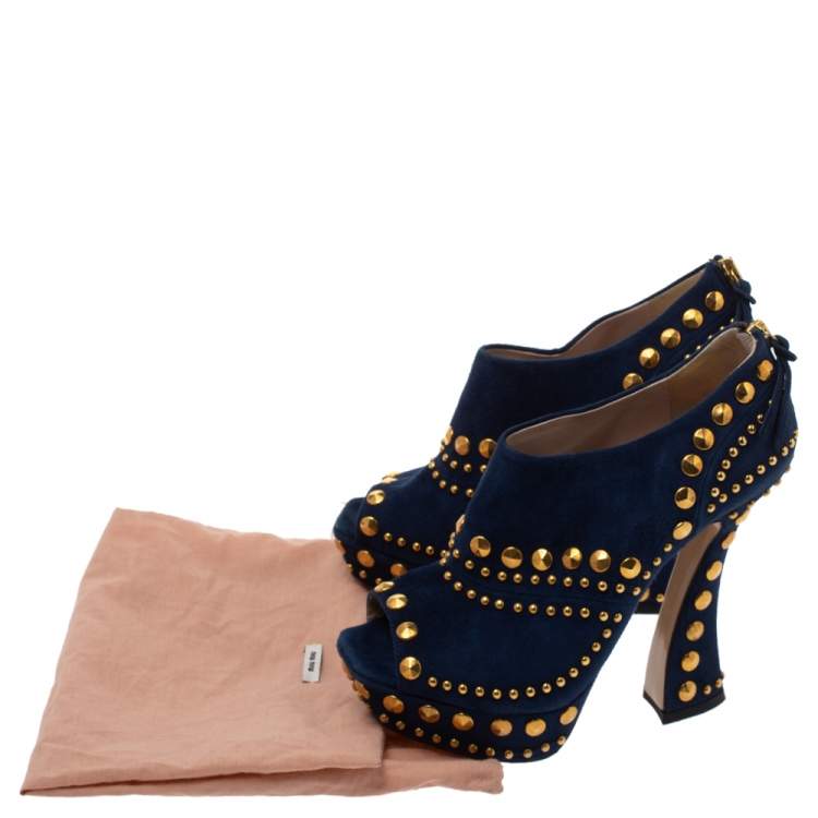 Pre Owned Miu Miu Blue Suede Studded Peep Toe Booties Size 36