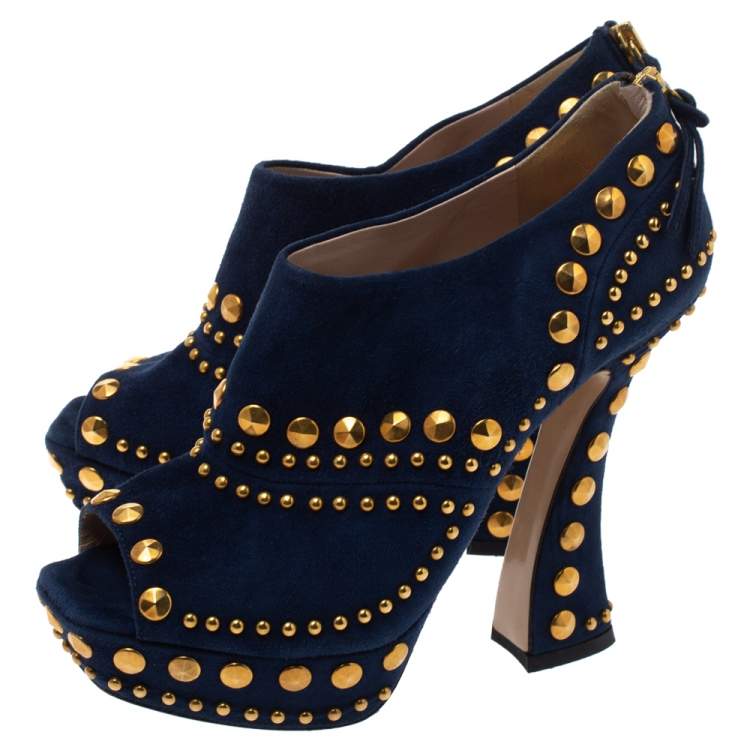 Pre Owned Miu Miu Blue Suede Studded Peep Toe Booties Size 36