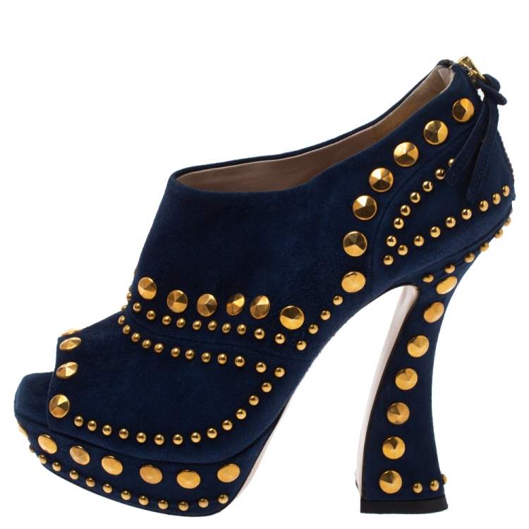 Pre Owned Miu Miu Blue Suede Studded Peep Toe Booties Size 36