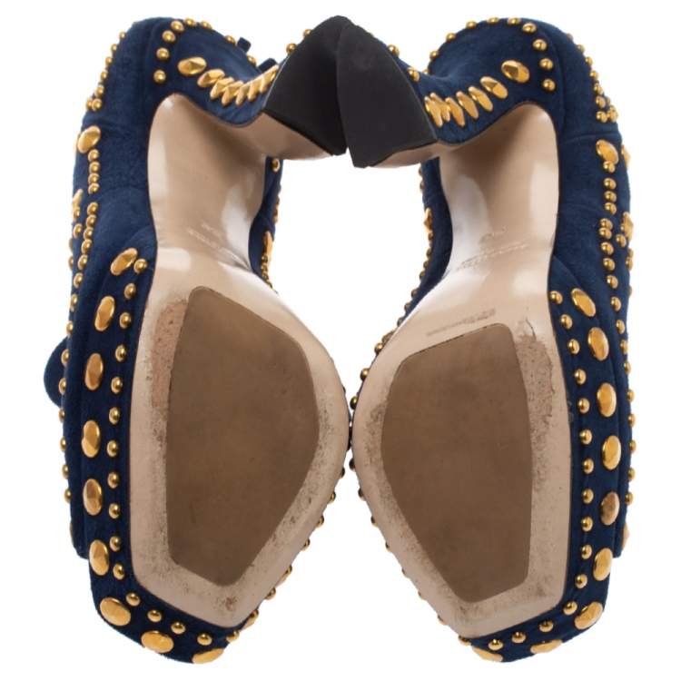 Pre Owned Miu Miu Blue Suede Studded Peep Toe Booties Size 36