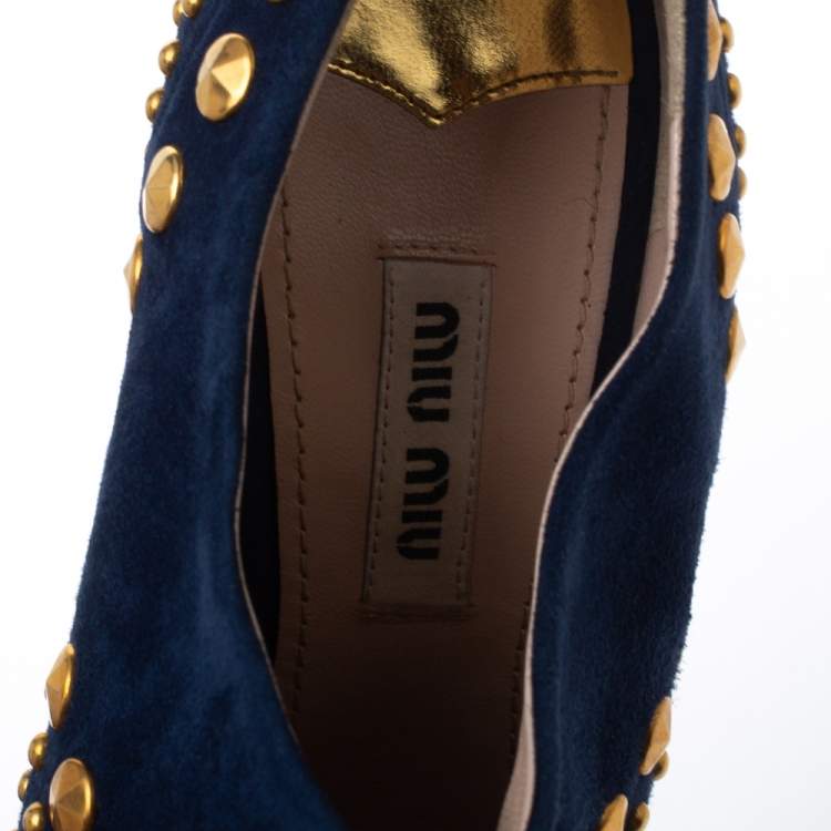 Pre Owned Miu Miu Blue Suede Studded Peep Toe Booties Size 36
