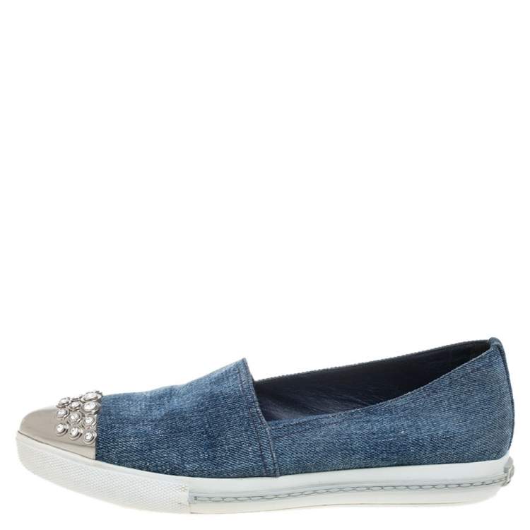 Pre Owned Miu Miu Blue Denim Crystal Embellished Cap Toe Slip On Sneakers Size 36
