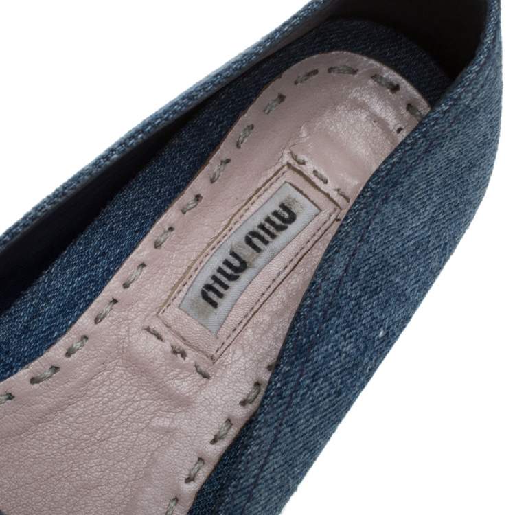Pre Owned Miu Miu Blue Denim Crystal Embellished Cap Toe Slip On Sneakers Size 36